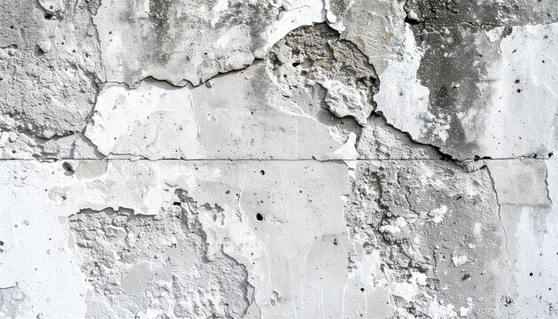 A close-up view of a cracked and weathered concrete wall with peeling texture