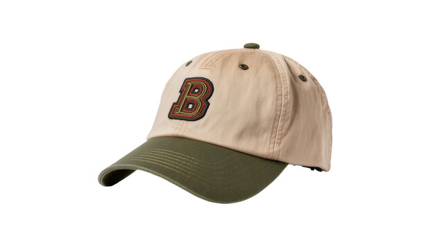 Beige Baseball Cap with Olive Green Bill and Embroidered Letter B