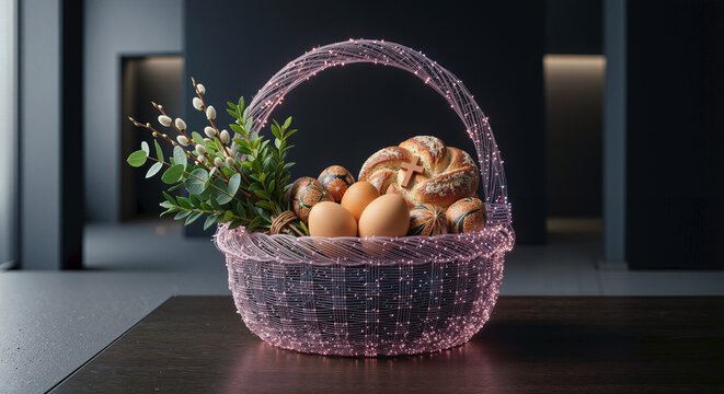 Traditional Polish Easter Basket with Decorated Eggs and Bread
