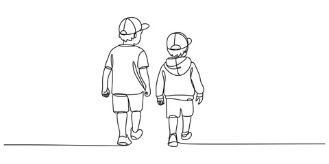 Obraz premium Two young boys walking together, continuous one line drawing