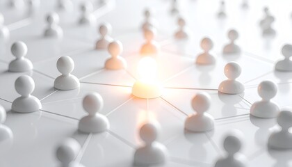 Obraz premium White figures connect in a glowing network. Center figure shines brightly, drawing attention