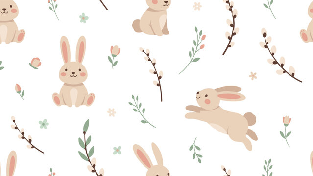 Adorable seamless pattern with cute bunnies, spring flowers, and willow branches on a clean white background.