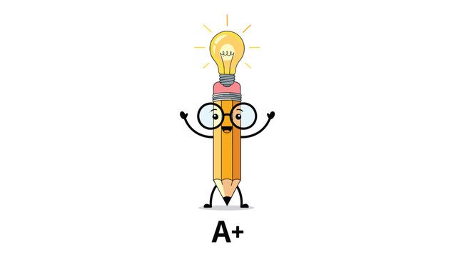 Cute pencil character wearing glasses and looking happy with a bright idea light bulb and an A plus grade symbol.