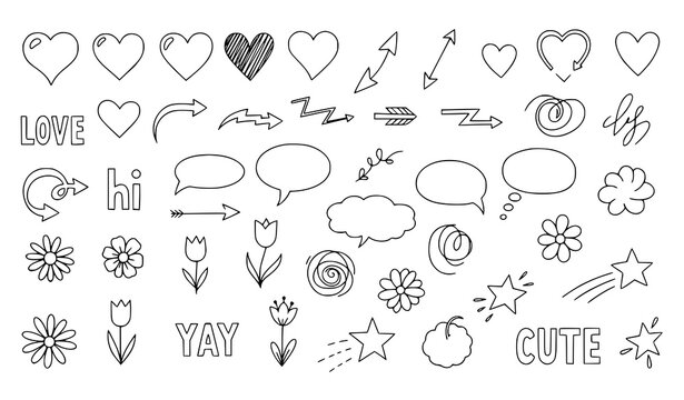 Cute doodle element vector set hand drawn line hearts arrows stars sketch