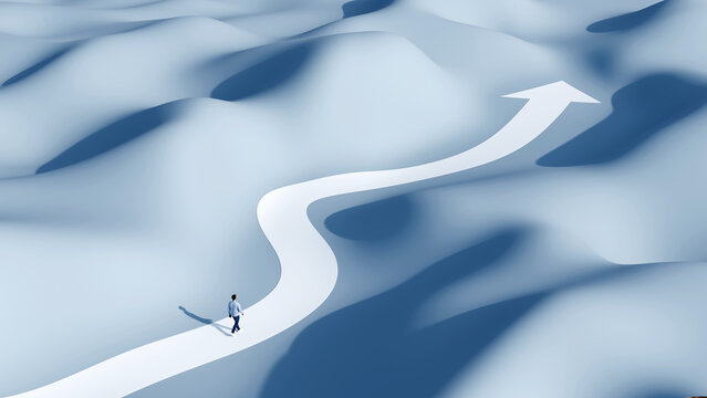 Man walking on a winding path ending in an arrow representing strategic career growth and life journey through obstacles, 3d render