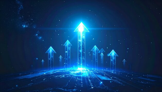 Upward arrows with glowing light, representing business growth, success, and increasing performance.