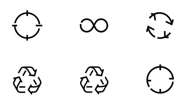 Infinite Recycling:  Collection of looping arrows and infinity symbols illustrate themes of cycle, renewable, and repetition. 