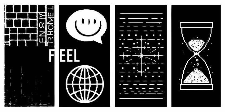 Abstract black and white composition featuring icons and textual elements