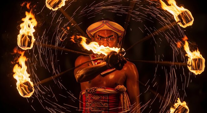 Fire Performer Spinning Flaming Coconut Husks at Esala Perahera Festival in Kandy, Sri Lanka; Intense Expression and Traditional Waistcloth with Sparks
