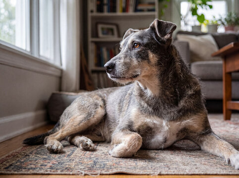 Serene senior mixed-breed dog lying comfortably on an ornate rug, gazing peacefully out a sunlit window.