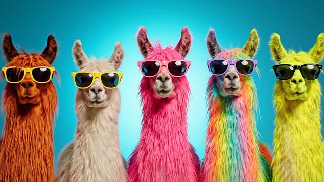 Colorful fluffy llamas wearing sunglasses against bright blue sky background