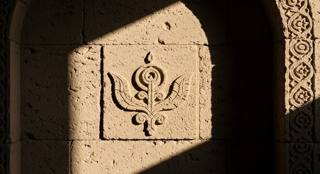 Minimalist Stone-Carved Faravahar Symbol on Sun-Drenched Limestone Wall, Zoroastrian Fravardigan Festival Background and Persian Heritage Icon