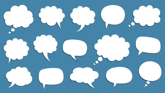 Extensive collection of blank white speech and thought bubbles in various cloud shapes against a solid blue background for text.