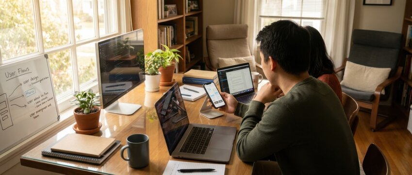 organized coding workspace of a product team using a smartphone in a home workspace with natural reflections natural look