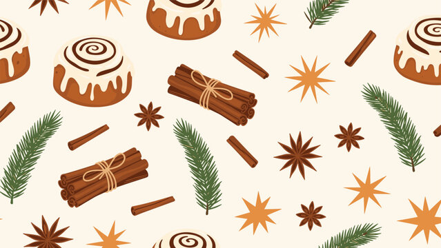 Cozy seamless pattern featuring delicious cinnamon rolls, bundles of cinnamon sticks, star anise, and pine branches for winter.