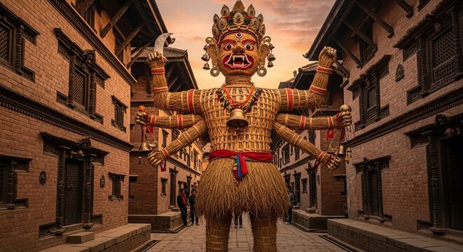 Towering Ghanta Karna Festival Effigy Constructed from Dry Straw and Bamboo Stalks in a Historic Narrow Newari Alleyway in Kathmandu Valley, Nepal