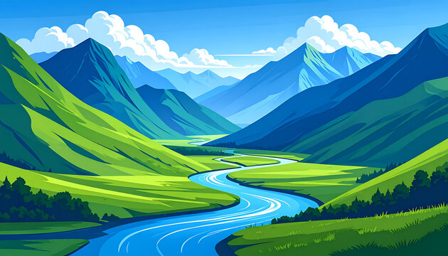 A vibrant, stylized landscape showcases a winding river flowing through a lush green valley, framed by majestic, layered blue mountains under a bright sky with fluffy white clouds.