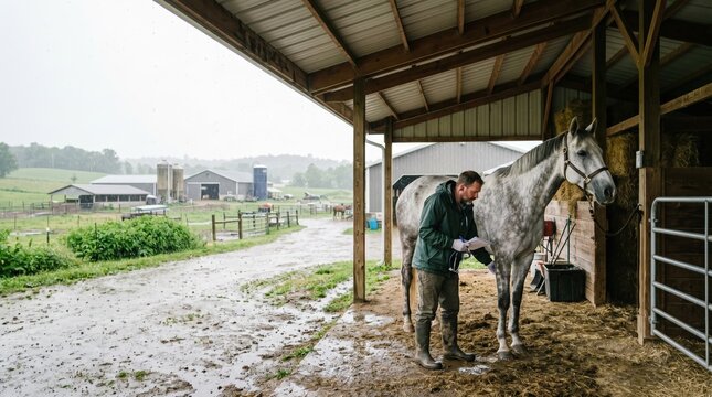Male veterinarian in green jacket examines gray horse inside barn during rainy weather, with farm buildings and green fields visible in the background