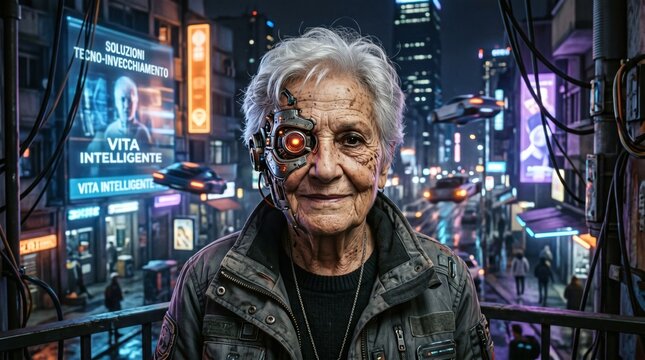 Ritratto Futuristico di Anziano Cyborg &ndash; Personaggio Sci‑Fi