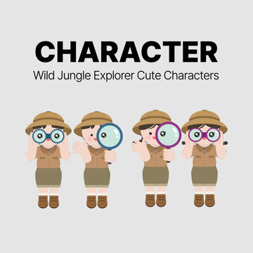 정글 탐험가 옷을 입고 돋보기와 망원경으로 호기심있게 바라보는 캐릭터