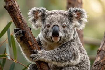 Obraz premium Koala Clinging to Eucalyptus Branch in Forest
