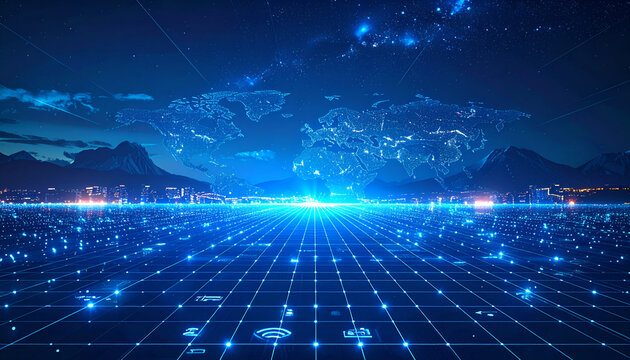 A futuristic cityscape glows beneath a holographic projection of the world map, set against a backdrop of mountains and a starry night sky, creating a mesmerizing blend of technology and nature.