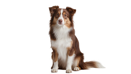 Brown white fluffy Australian Shepherd puppy sitting attentively © Fried