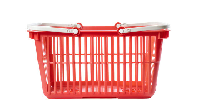 Red plastic shopping basket with attached lid and handles
