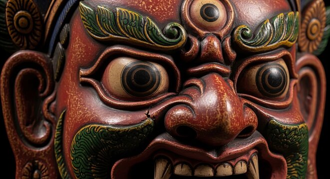 Close-up of a Hand-Painted Demon Mask for Ghanta Karna Festival, Crafted from Clay and Wood with Vibrant Traditional Pigments and Fierce Expressions