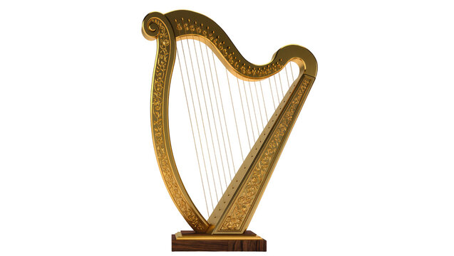Ornate golden Celtic harp with strings on wooden base