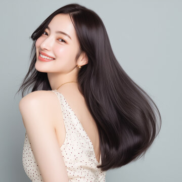 艶のある黒髪の日本人女性、ヘアケア、ヘアサロン、ロングヘア