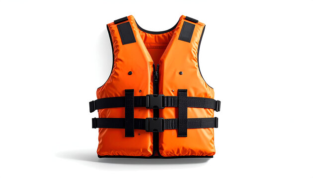 A bright orange life jacket with black straps and buckles is displayed against a clean white background, highlighting its safety features and design.