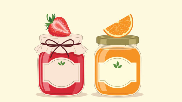 Two glass jars of strawberry and orange jam with fresh fruit on top and blank labels for custom text on a soft background.