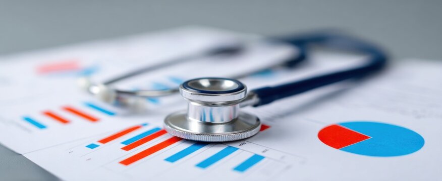 A stethoscope rests on healthcare analysis papers like a conductor guiding a symphony of medical insights.
