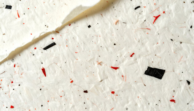 A close-up shot reveals a textured white paper surface with a tear running diagonally across, interspersed with small flecks of red and black.