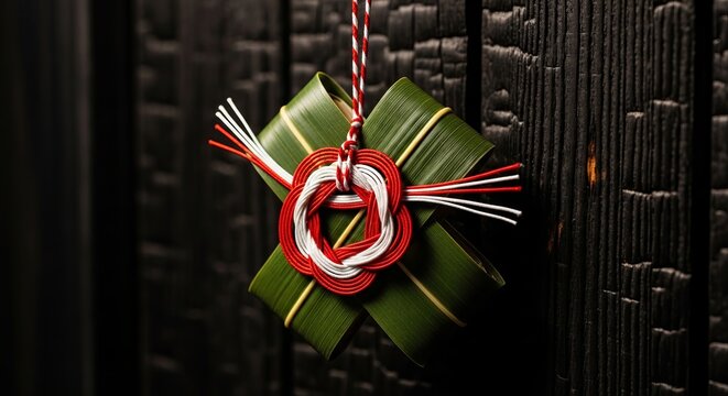 Gion Matsuri Traditional Chimaki Bamboo Leaf Amulet with Red and White Twine Hanging on Dark Charred Wood Wall of a Kyoto Machiya House