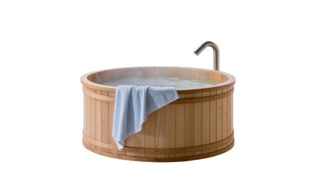Wooden round hot tub with blue towel and metal faucet