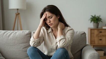 Obraz premium Woman Holding Head in Pain While Sitting on Couch