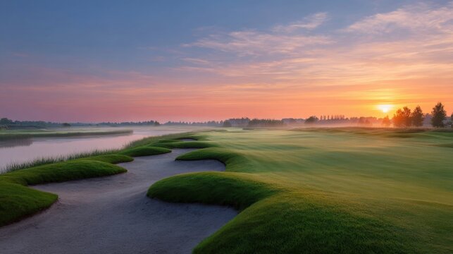 Scenic Sunrise Over Lush Golf Course with Serene Waterway and Dramatic Sky in Early Morning Light