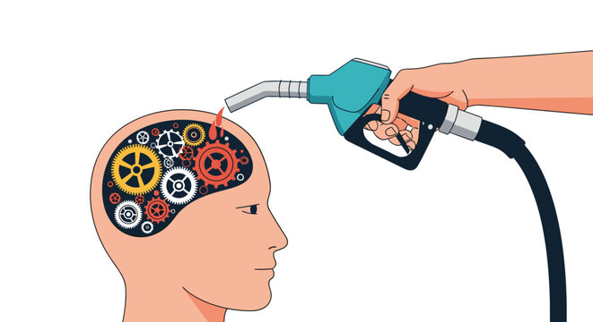 Hand using a fuel pump nozzle to pour liquid into a human head filled with gears, symbolizing knowledge, mental energy, and brain power.