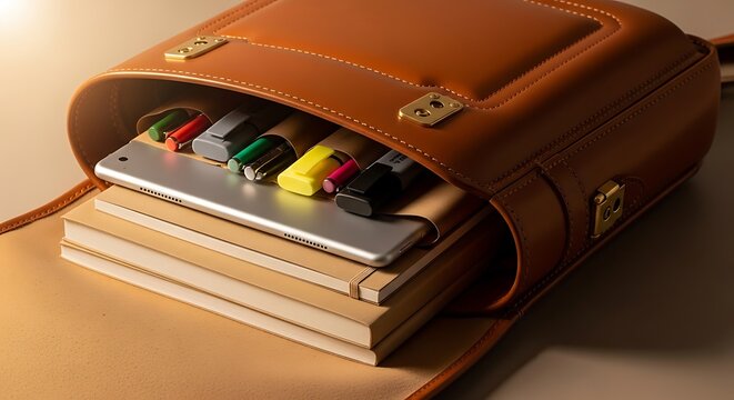 A rustic leather satchel spills out its contents, including books, a tablet, and colorful markers, hinting at study or creative work