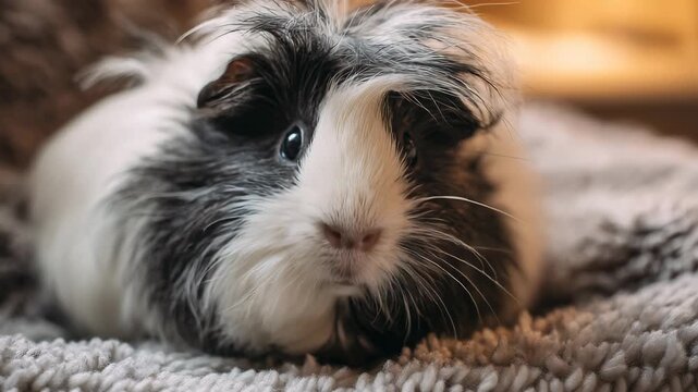 Guineapig rodent pet black white fur portrait on cozy blanket