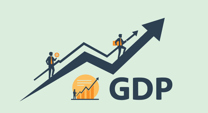 Businessmen on an ascending bar graph with "GDP" text, symbolizing economic growth, national output, and global financial development trends.