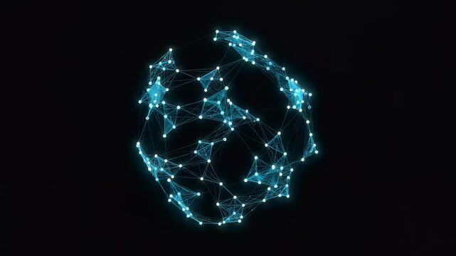 Glowing blue digital plexus sphere rotating on black background