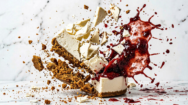 Delicious cheesecake with berry sauce exploding in motion on marble