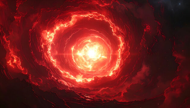 A vibrant, swirling vortex of fiery red energy dominates the scene, resembling a celestial phenomenon or a powerful, abstract force.