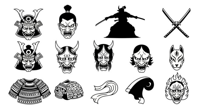 Japanese mask illustrations collection samurai demon kitsune