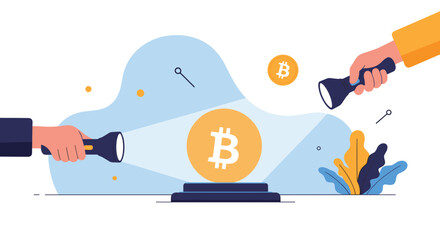 Naklejka premium Two hands holding flashlights, brightly illuminating a prominent Bitcoin currency symbol on a pedestal, representing cryptocurrency discovery and investment focus.