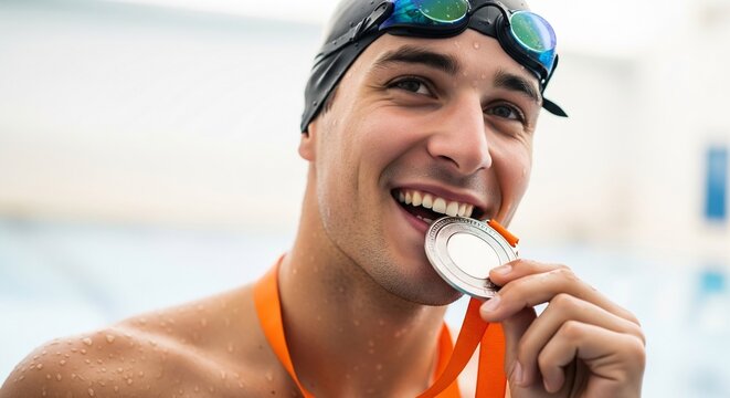 Smiling male athlete holding a silver medal and biting it in celebrati