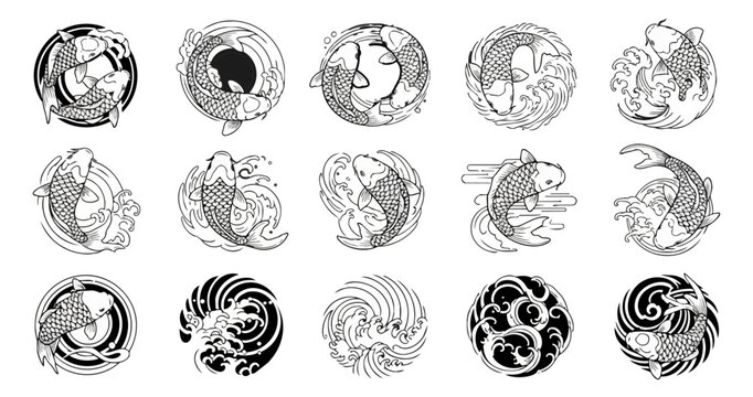 Koi fish symbol graphic designs on black background